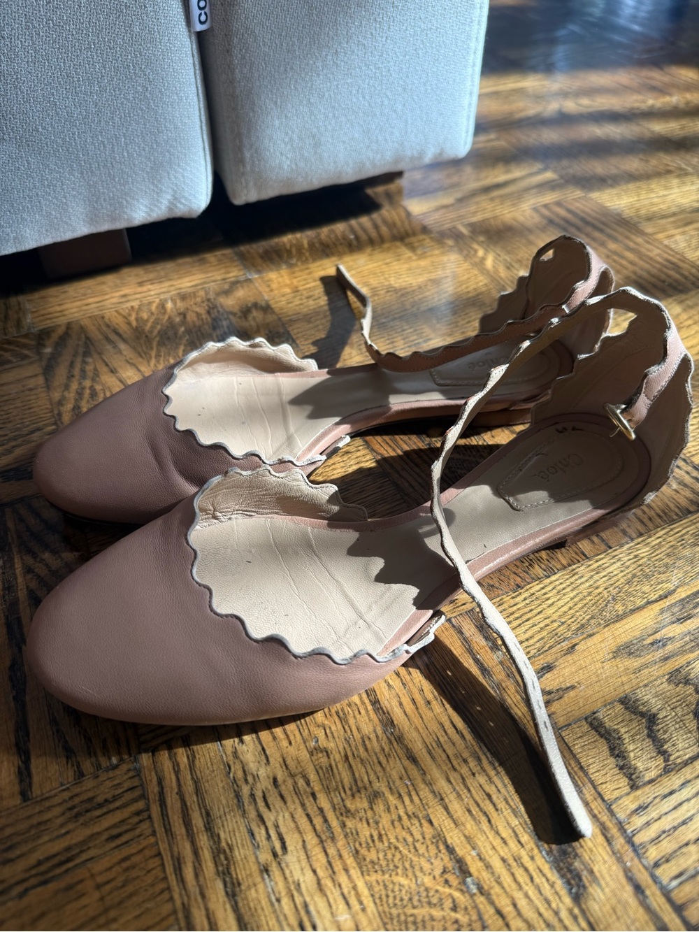 Chloè Scallop Edge Ankle Tie Flats - Blush Pink